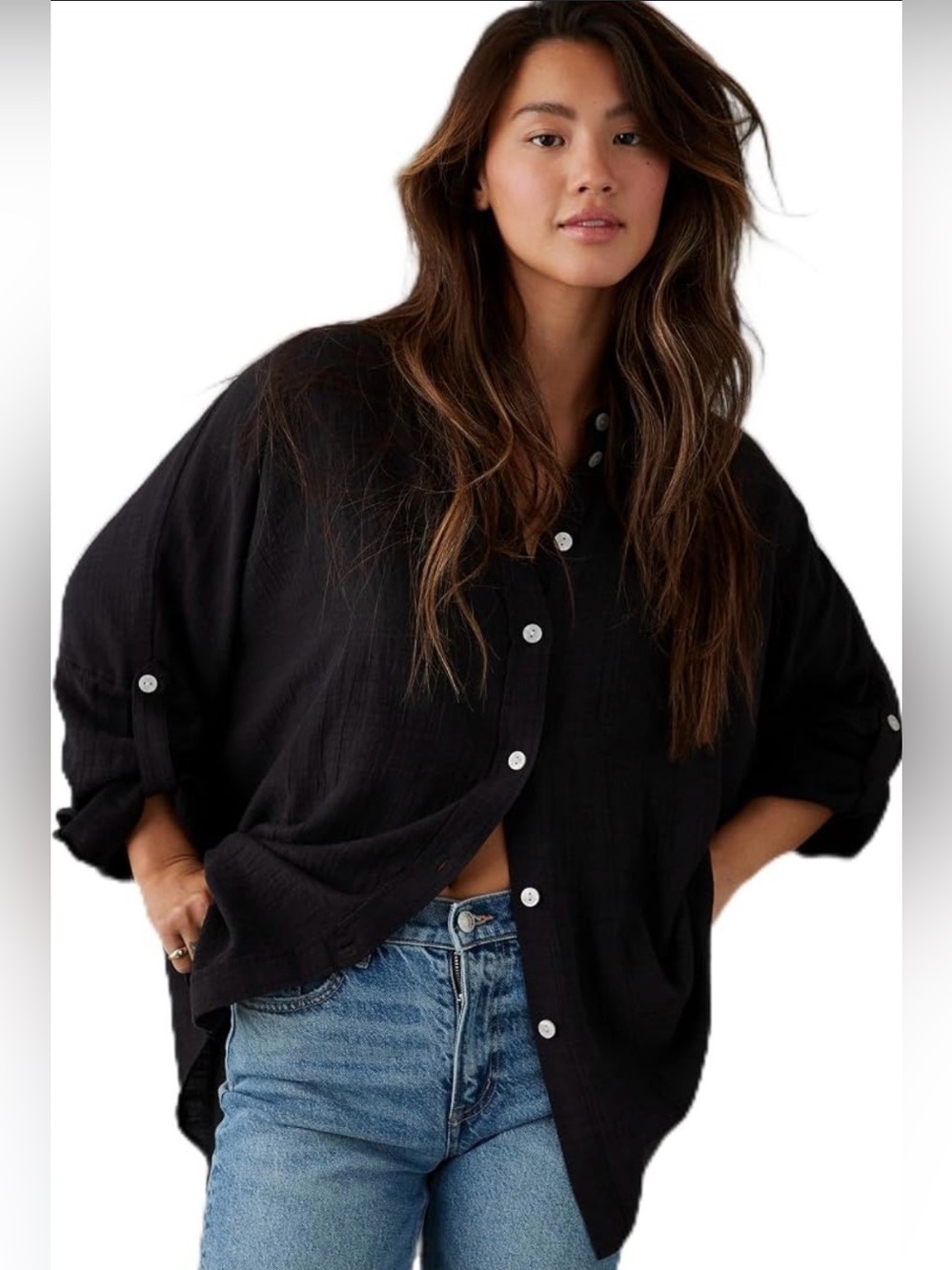 American Eagle Go Big Oversized Button Up Shirt Black Medium